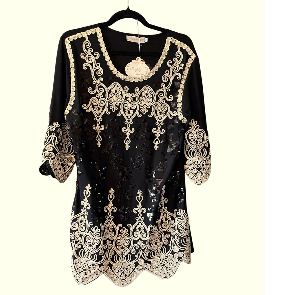 Simply Couture Black Sequin Embroidered Tunic Top/Mini Dress Size S NWT